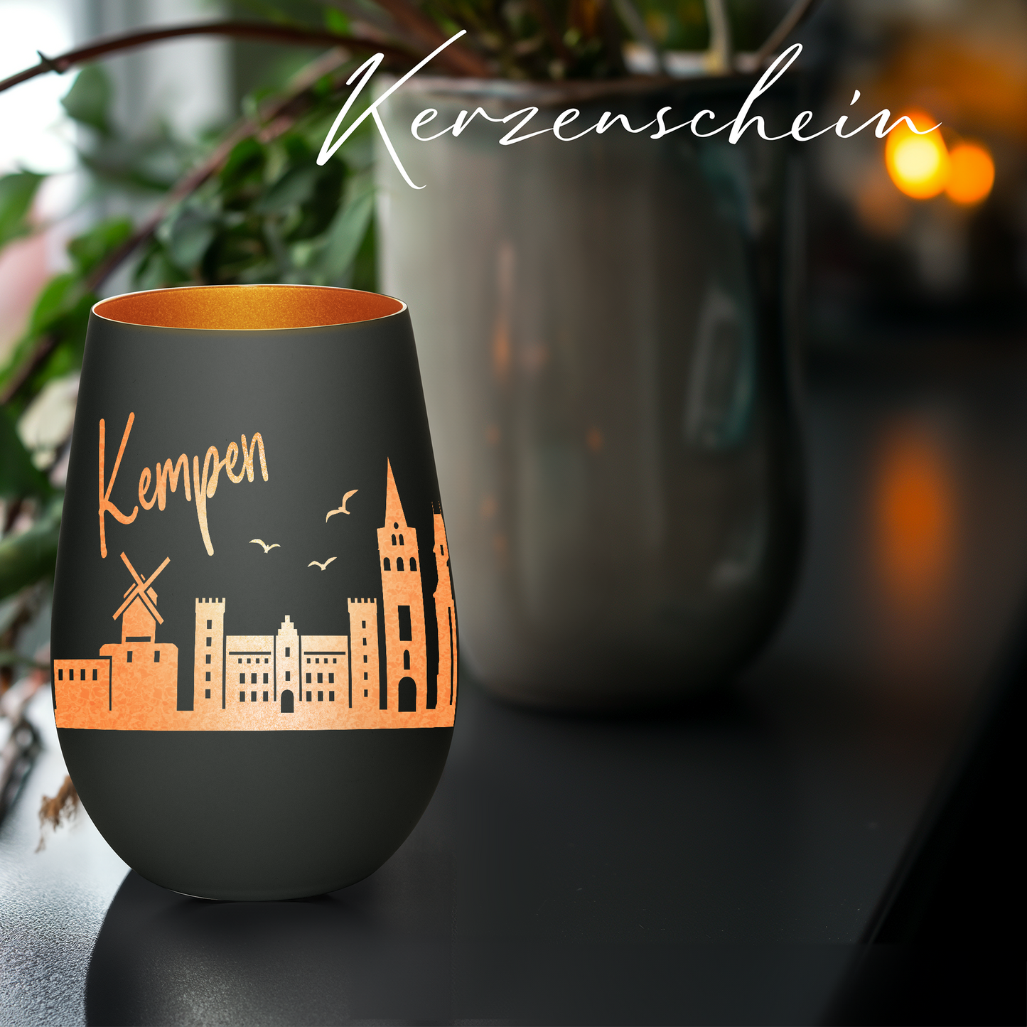 Hochwertiges Glas Windlicht mit Gravur "SKYLINE KEMPEN" in der Farbe Schwarz/Bronze