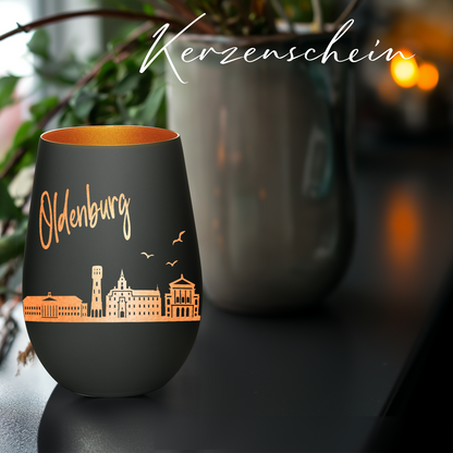 Hochwertiges Glas Windlicht mit Gravur "SKYLINE OLDENBURG" in der Farbe Schwarz/Bronze