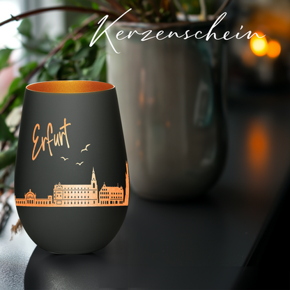 Hochwertiges Glas Windlicht mit Gravur "SKYLINE ERFURT" in der Farbe Schwarz/Bronze
