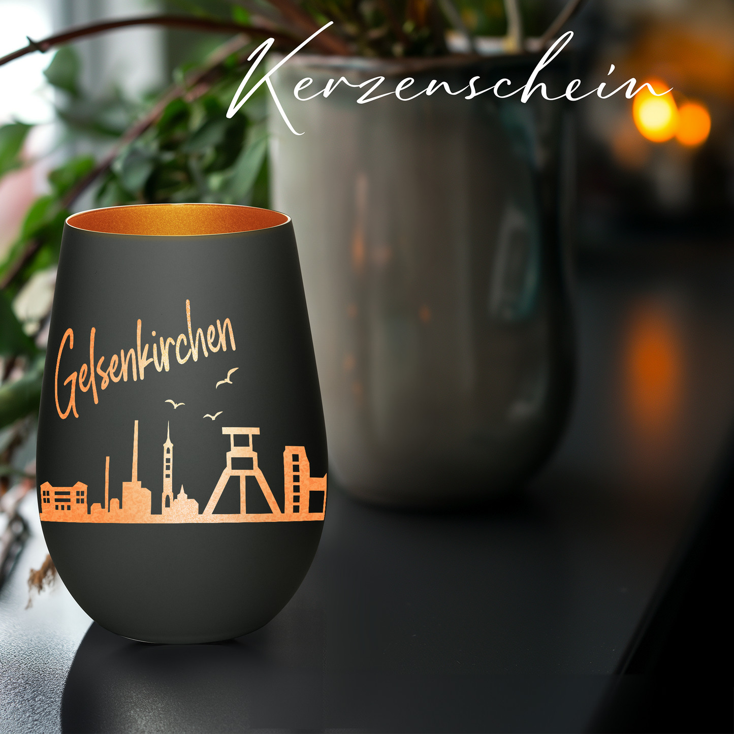 Hochwertiges Glas Windlicht mit Gravur "SKYLINE GELSENKIRCHEN" in der Farbe Schwarz/Bronze