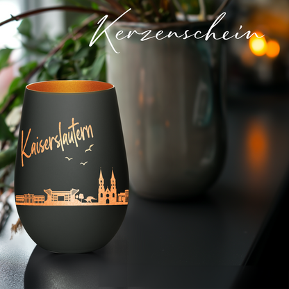 Hochwertiges Glas Windlicht mit Gravur "SKYLINE KAISERSLAUTERN" in der Farbe Schwarz/Bronze