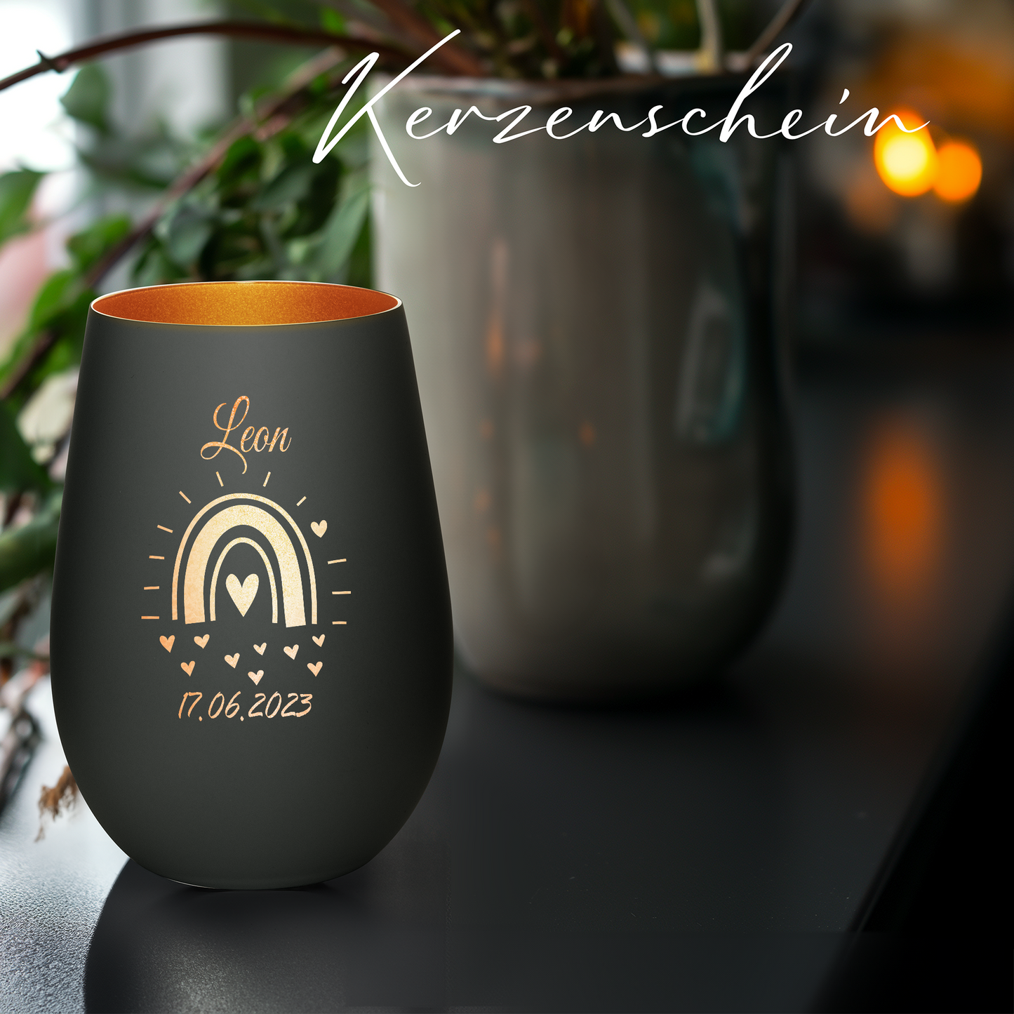Hochwertiges Glas Windlicht mit Gravur "GEBURT MIT REGENBOGEN" mit Wunschname und Datum in der Farbe Schwarz/Bronze