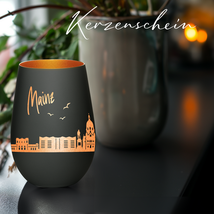 Hochwertiges Glas Windlicht mit Gravur "SKYLINE MAINZ" in der Farbe Schwarz/Bronze