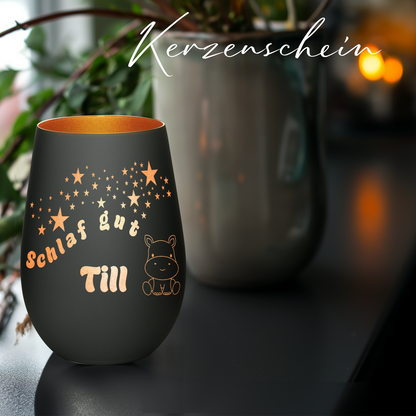 Hochwertiges Glas Windlicht für Kinder mit Gravur "SCHLAF GUT" Motiv Nilpferd mit Wunschname in der Farbe Schwarz/Bronze