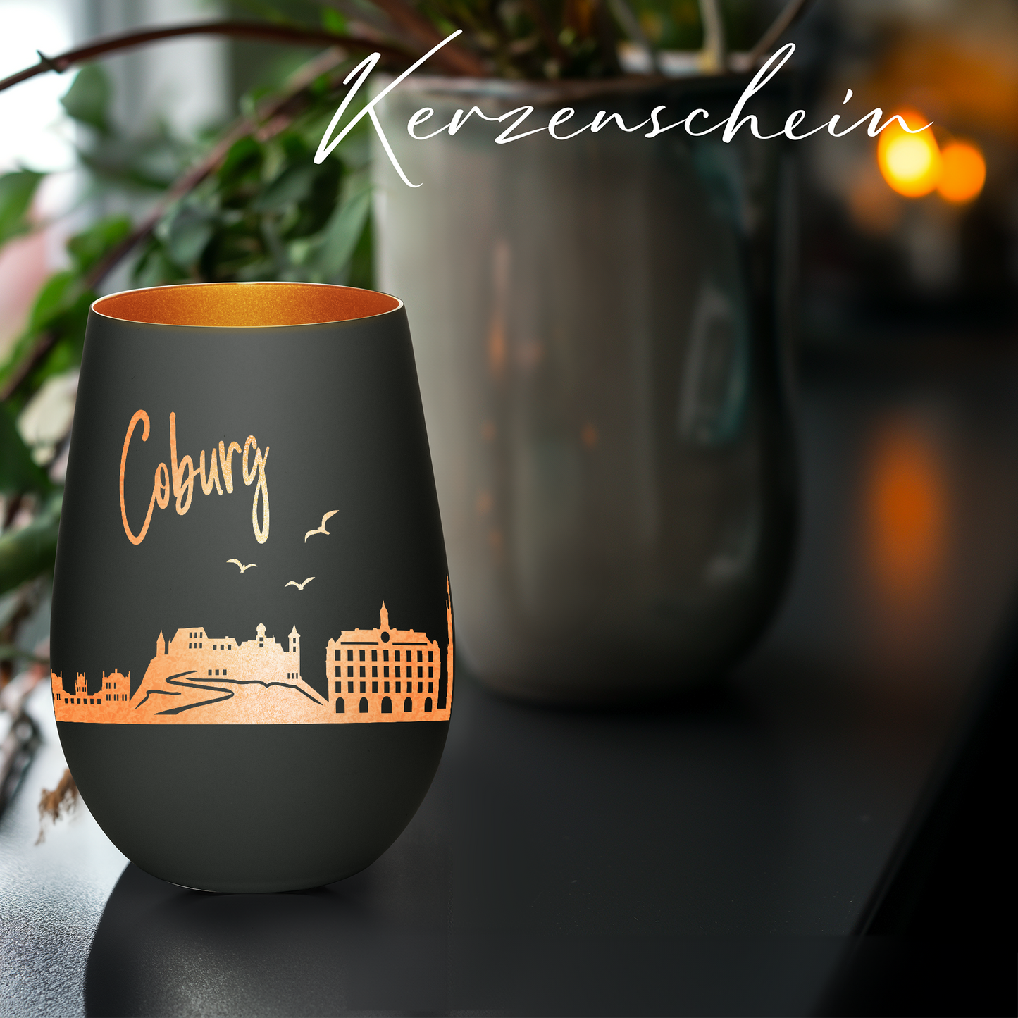 Hochwertiges Glas Windlicht mit Gravur "SKYLINE COBURG" in der Farbe Schwarz/Bronze