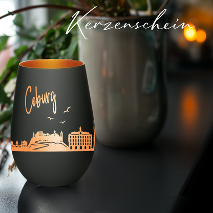 Hochwertiges Glas Windlicht mit Gravur "SKYLINE COBURG" in der Farbe Schwarz/Bronze