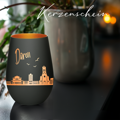 Hochwertiges Glas Windlicht mit Gravur "SKYLINE DÜREN" in der Farbe Schwarz/Bronze