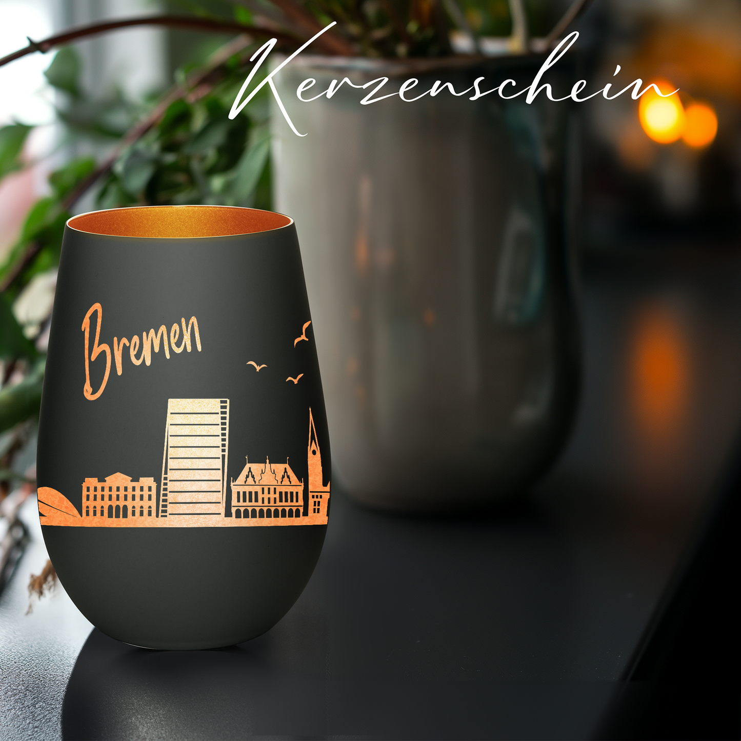 Hochwertiges Glas Windlicht mit Gravur "SKYLINE BREMEN" in der Farbe Schwarz/Bronze