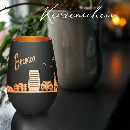 Hochwertiges Glas Windlicht mit Gravur "SKYLINE BREMEN" in der Farbe Schwarz/Bronze