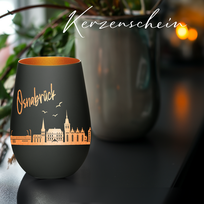 Hochwertiges Glas Windlicht mit Gravur "SKYLINE OSNABRÜCK" in der Farbe Schwarz/Bronze