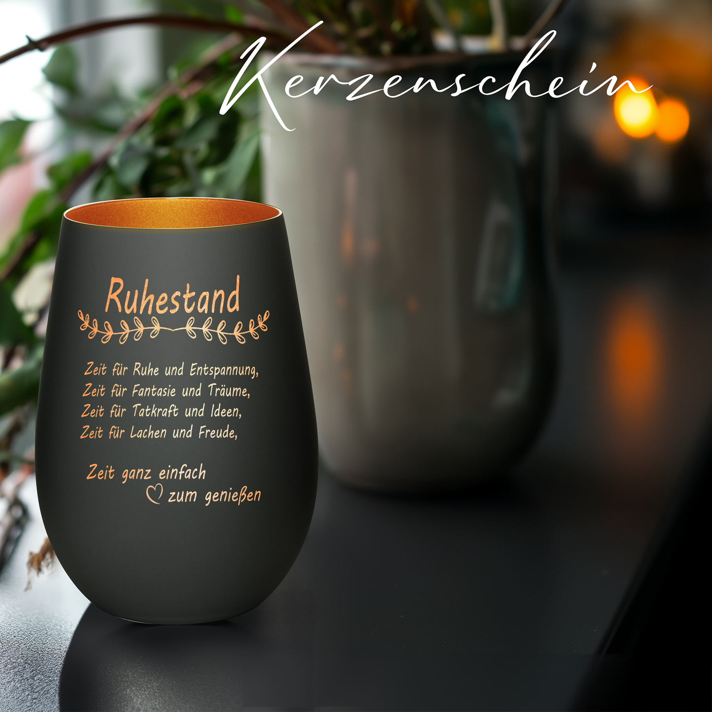 Hochwertiges Glas Windlicht mit Gravur "ALLES GUTE ZUM RUHESTAND" in der Farbe Schwarz/Bronze