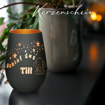 Hochwertiges Glas Windlicht für Kinder mit Gravur "SCHLAF GUT" Motiv Elefant mit Wunschname in der Farbe Schwarz/Bronze