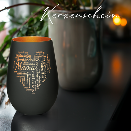 Hochwertiges Glas Windlicht mit Gravur "MAMA GROßES HERZ" in der Farbe Schwarz/Bronze