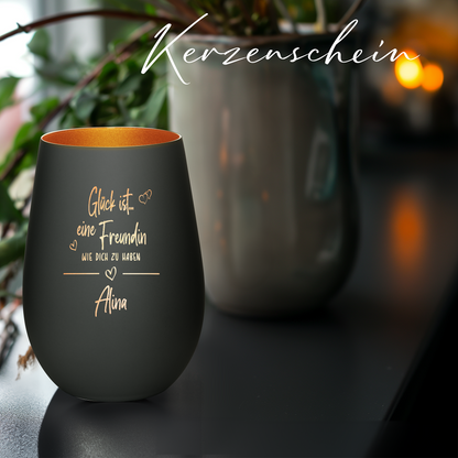 Hochwertiges Glas Windlicht mit Gravur "GLÜCK IST EINE FREUNDIN WIE DICH ZU HABEN" mit Wunschname in der Farbe Schwarz/Bronze