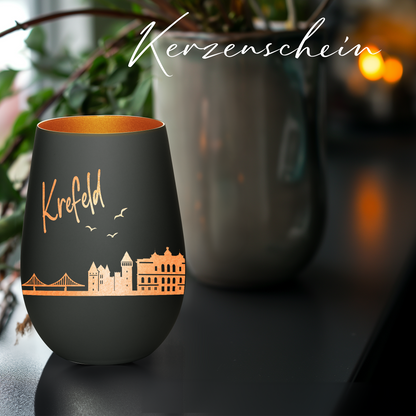 Hochwertiges Glas Windlicht mit Gravur "SKYLINE KREFELD" in der Farbe Schwarz/Bronze