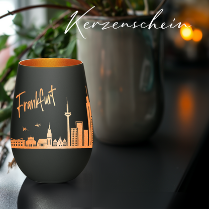 Hochwertiges Glas Windlicht mit Gravur "SKYLINE FRANKFURT" in der Farbe Schwarz/Bronze