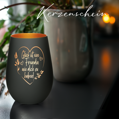 Hochwertiges Glas Windlicht mit Gravur "GLÜCK IST EINE FREUNDIN MIT HERZ" in der Farbe Schwarz/Bronze