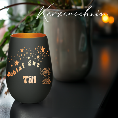 Hochwertiges Glas Windlicht für Kinder mit Gravur "SCHLAF GUT" Motiv Bison mit Wunschname in der Farbe Schwarz/Bronze
