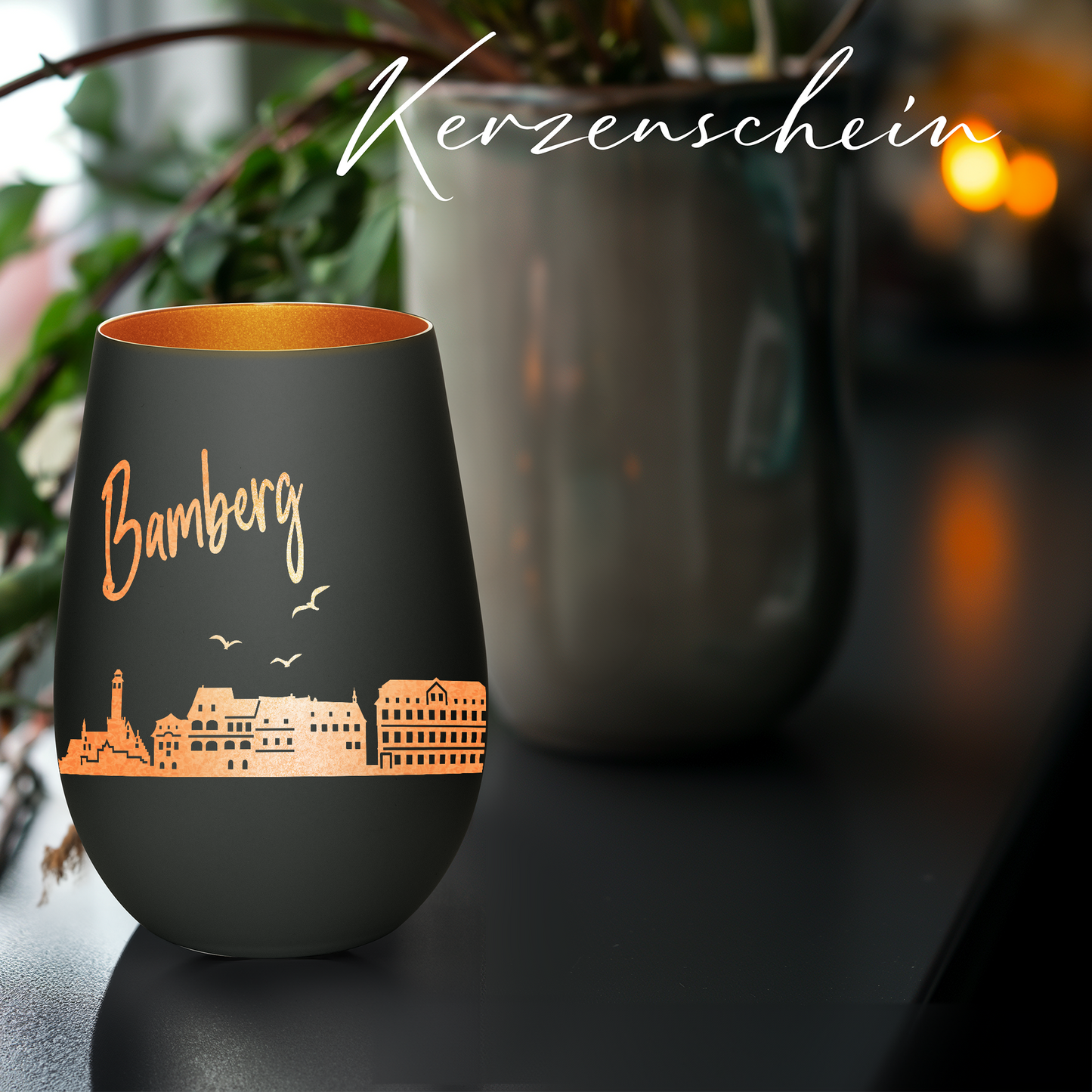 Hochwertiges Glas Windlicht mit Gravur "SKYLINE BAMBERG" in der Farbe Schwarz/Bronze
