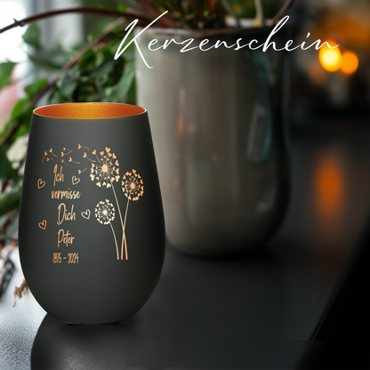 Hochwertiges Glas Windlicht mit Gravur als Trauerlicht "ICH VERMISSE DICH" mit Wunschname in der Farbe Schwarz/Bronze