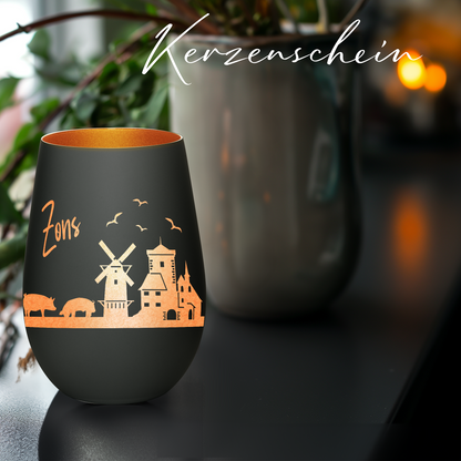Hochwertiges Glas Windlicht mit Gravur "SKYLINE ZONS (DORMAGEN)" in der Farbe Schwarz/Bronze