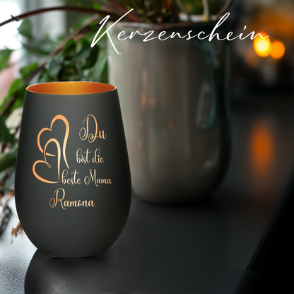 Hochwertiges Glas Windlicht mit Gravur "DU BIST DIE BESTE MAMA" mit Wunschname in der Farbe Schwarz/Bronze