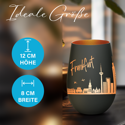 Hochwertiges Glas Windlicht mit Gravur "SKYLINE FRANKFURT" in der Farbe Schwarz/Bronze