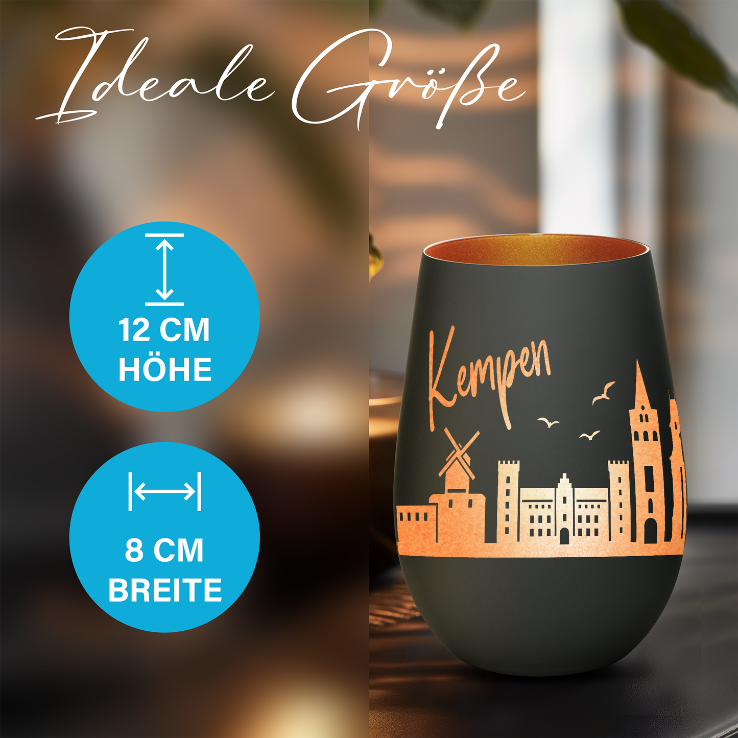 Hochwertiges Glas Windlicht mit Gravur "SKYLINE KEMPEN" in der Farbe Schwarz/Bronze