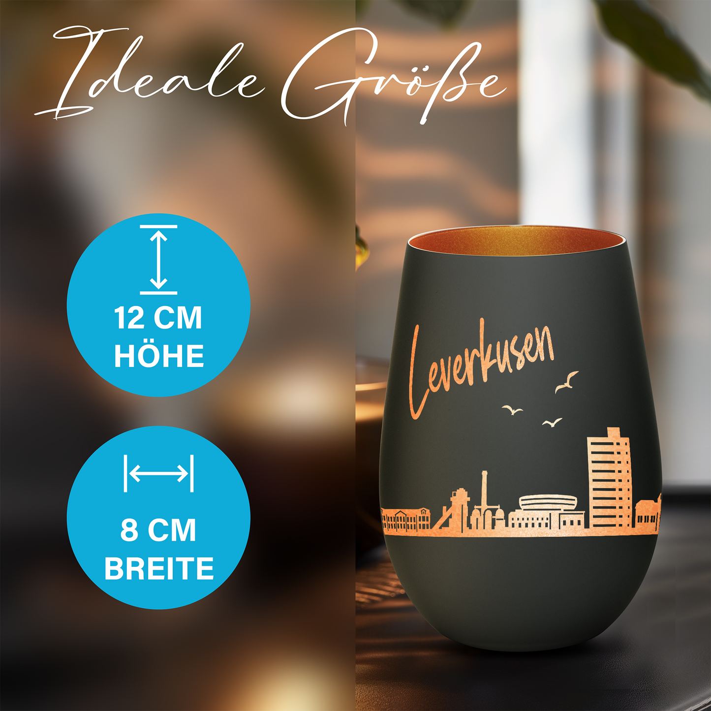 Hochwertiges Glas Windlicht mit Gravur "SKYLINE LEVERKUSEN" in der Farbe Schwarz/Bronze