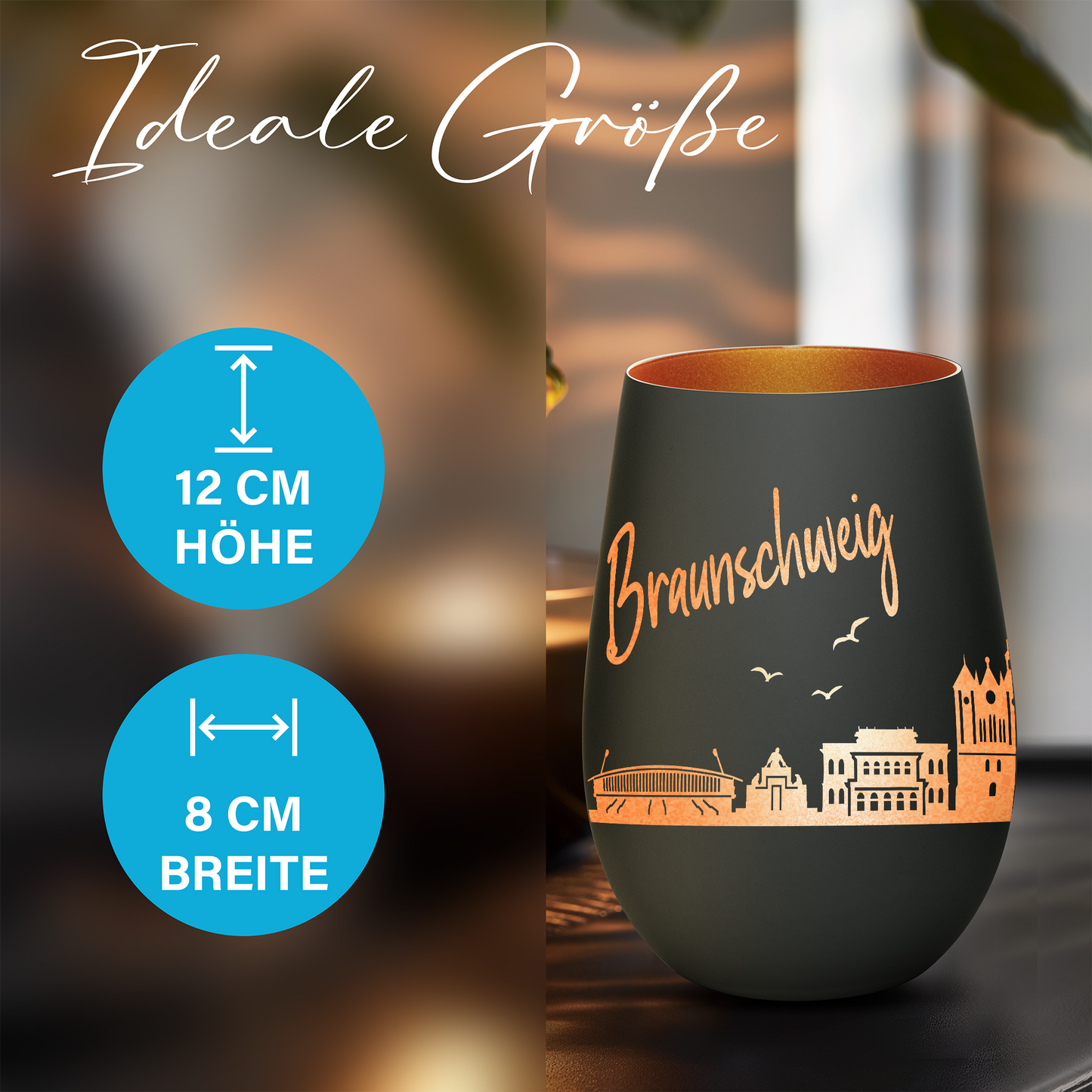 Hochwertiges Glas Windlicht mit Gravur "SKYLINE BRAUNSCHWEIG" in der Farbe Schwarz/Bronze