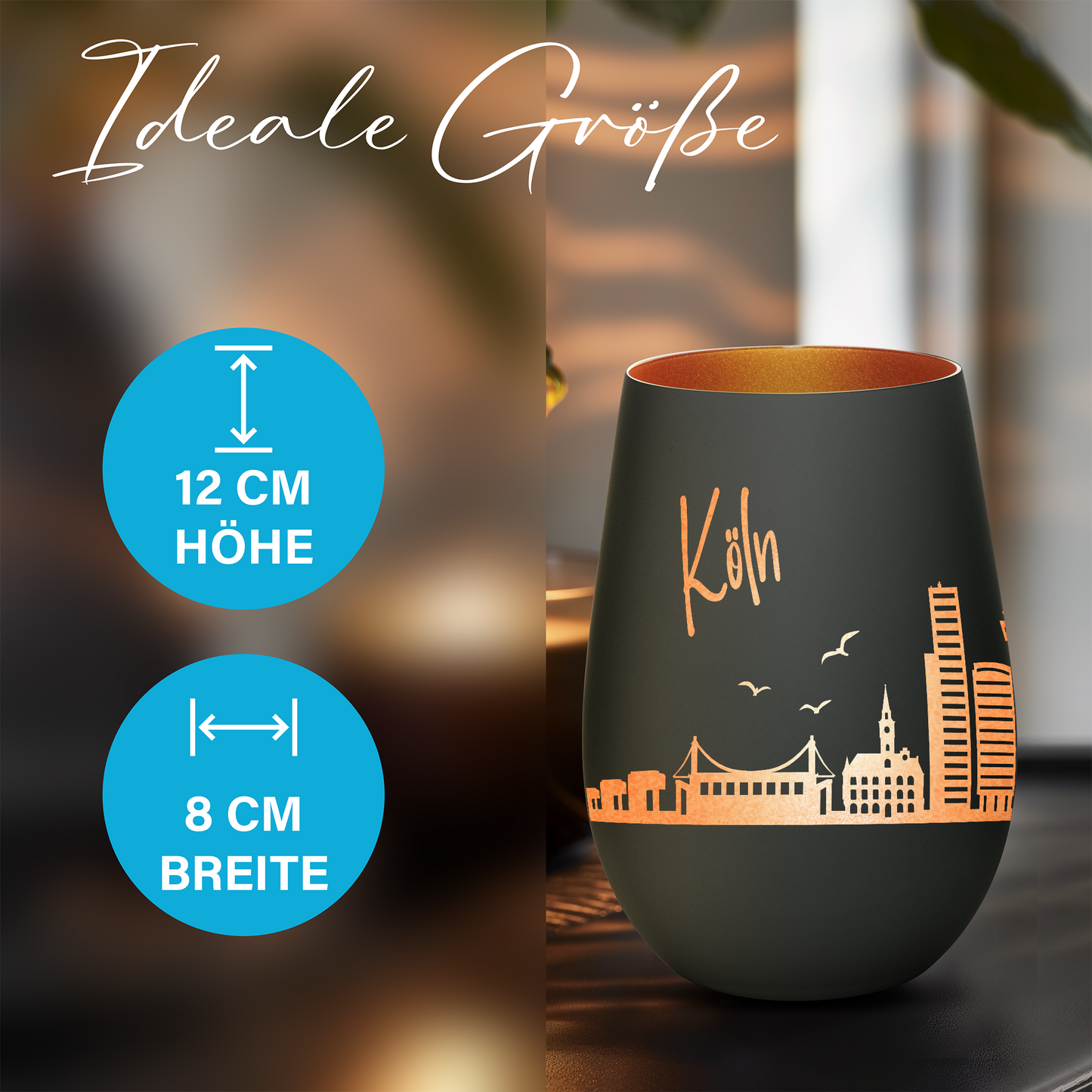 Hochwertiges Glas Windlicht mit Gravur "SKYLINE KÖLN" in der Farbe Schwarz/Bronze