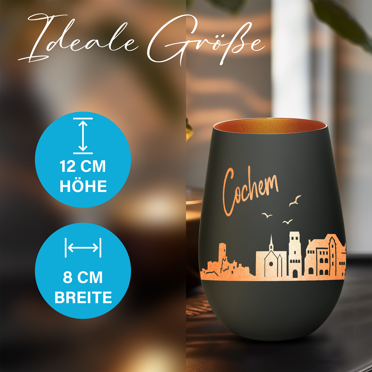 Hochwertiges Glas Windlicht mit Gravur "SKYLINE COCHEM" in der Farbe Schwarz/Bronze