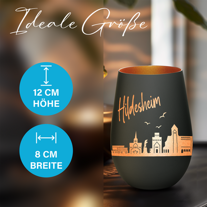 Hochwertiges Glas Windlicht mit Gravur "SKYLINE HILDESHEIM" in der Farbe Schwarz/Bronze