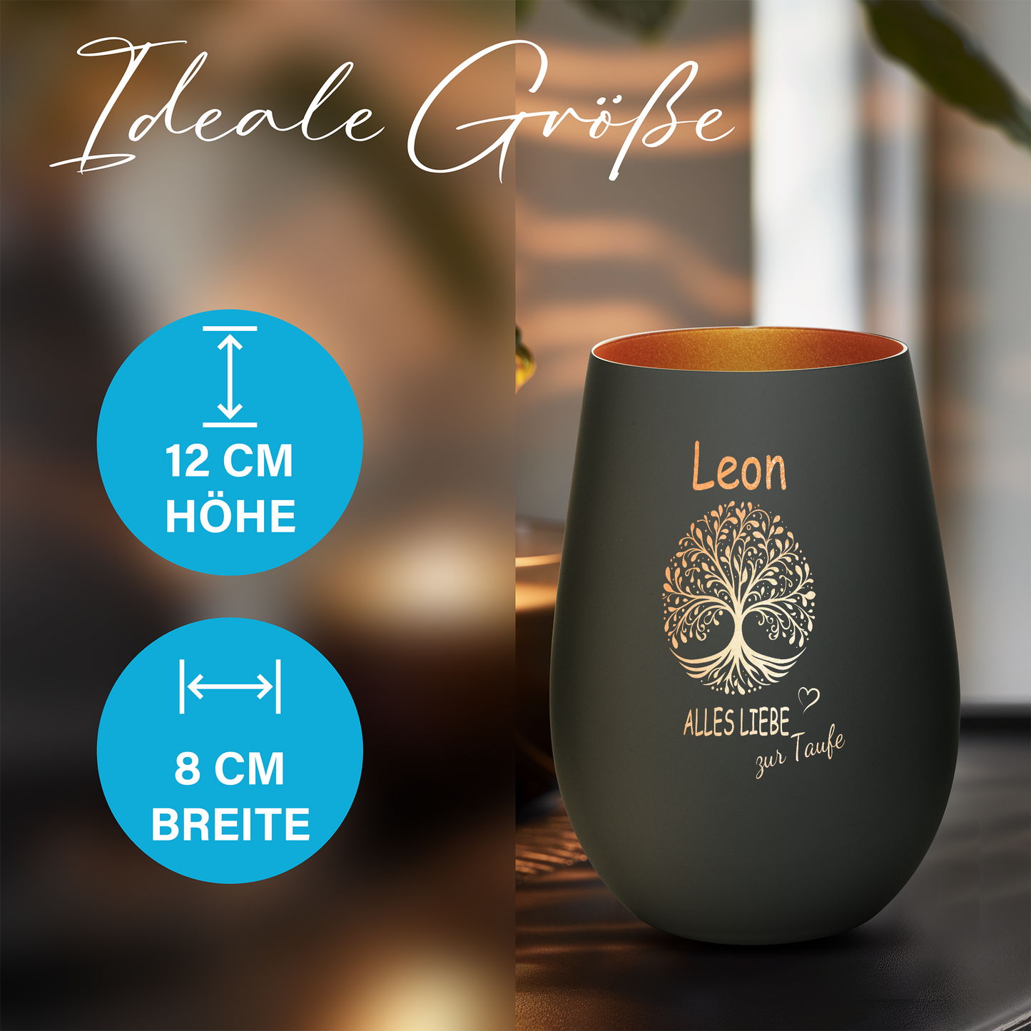 Hochwertiges Glas Windlicht mit Gravur "ALLES LIEBE ZUR TAUFE" mit Wunschname in der Farbe Schwarz/Bronze