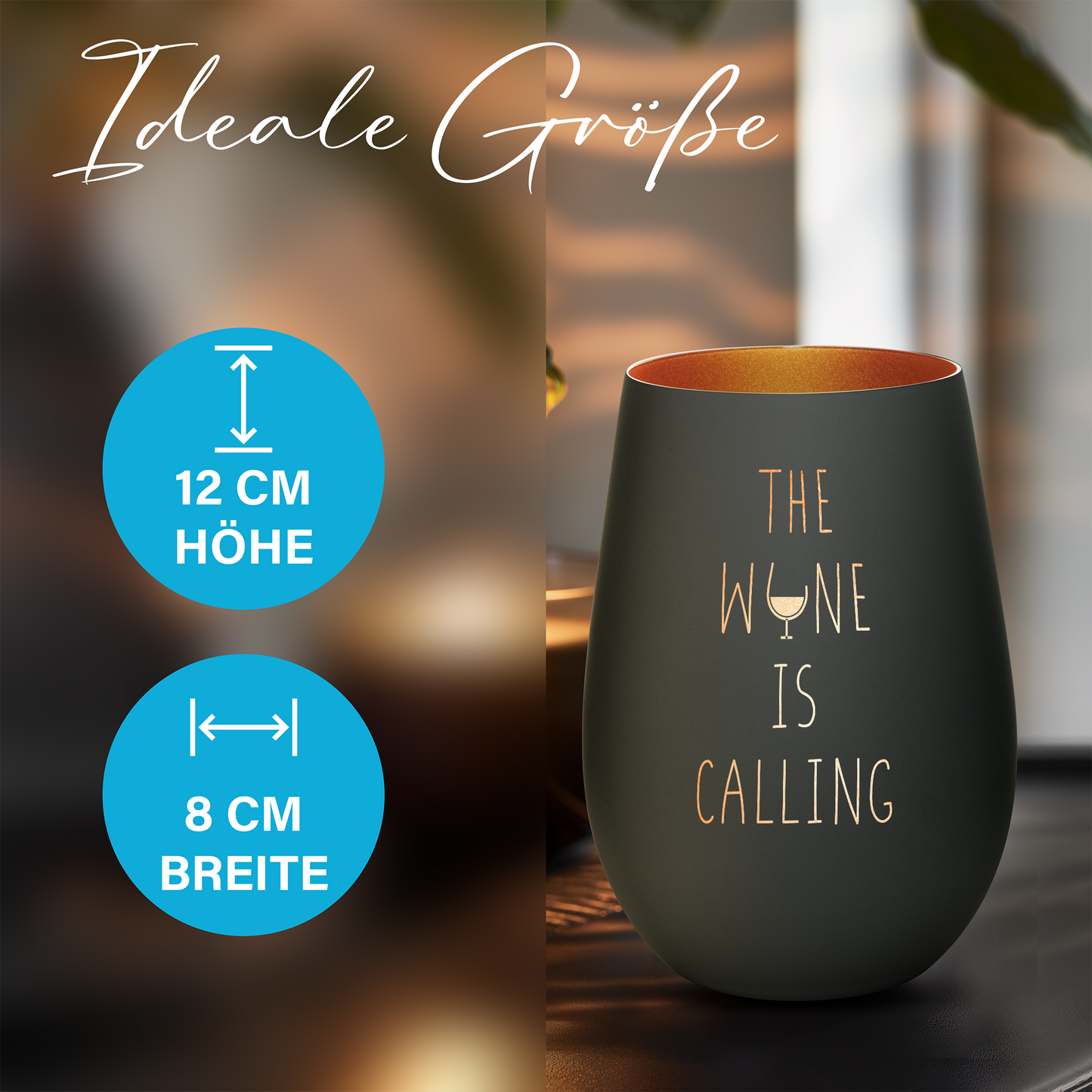 Hochwertiges Glas Windlicht mit Gravur "THE WINE IS CALLING" in der Farbe Schwarz/Bronze