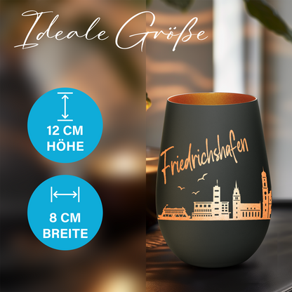 Hochwertiges Glas Windlicht mit Gravur "SKYLINE FRIEDRICHSHAFEN" in der Farbe Schwarz/Bronze