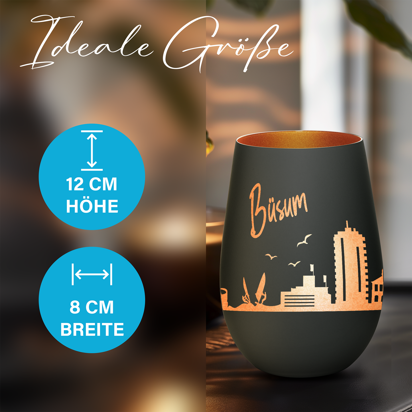Hochwertiges Glas Windlicht mit Gravur "SKYLINE BÜSUM" in der Farbe Schwarz/Bronze