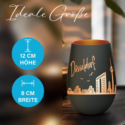 Hochwertiges Glas Windlicht mit Gravur "SKYLINE DÜSSELDORF" in der Farbe Schwarz/Bronze