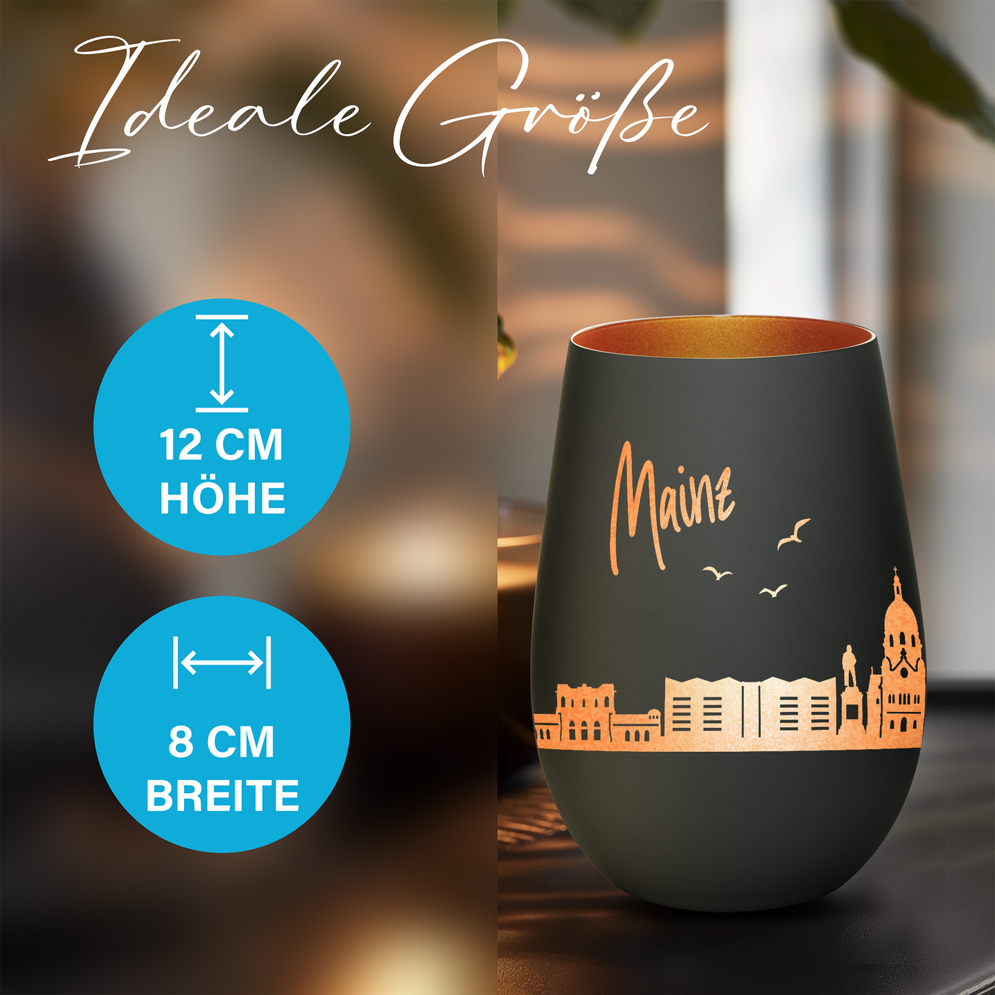 Hochwertiges Glas Windlicht mit Gravur "SKYLINE MAINZ" in der Farbe Schwarz/Bronze