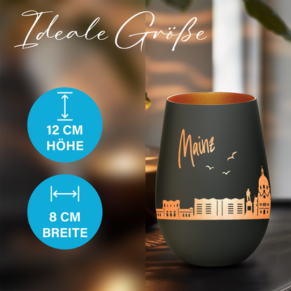 Hochwertiges Glas Windlicht mit Gravur "SKYLINE MAINZ" in der Farbe Schwarz/Bronze