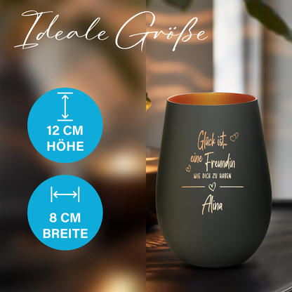 Hochwertiges Glas Windlicht mit Gravur "GLÜCK IST EINE FREUNDIN WIE DICH ZU HABEN" mit Wunschname in der Farbe Schwarz/Bronze