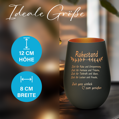 Hochwertiges Glas Windlicht mit Gravur "ALLES GUTE ZUM RUHESTAND" in der Farbe Schwarz/Bronze