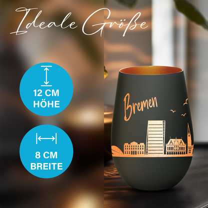 Hochwertiges Glas Windlicht mit Gravur "SKYLINE BREMEN" in der Farbe Schwarz/Bronze