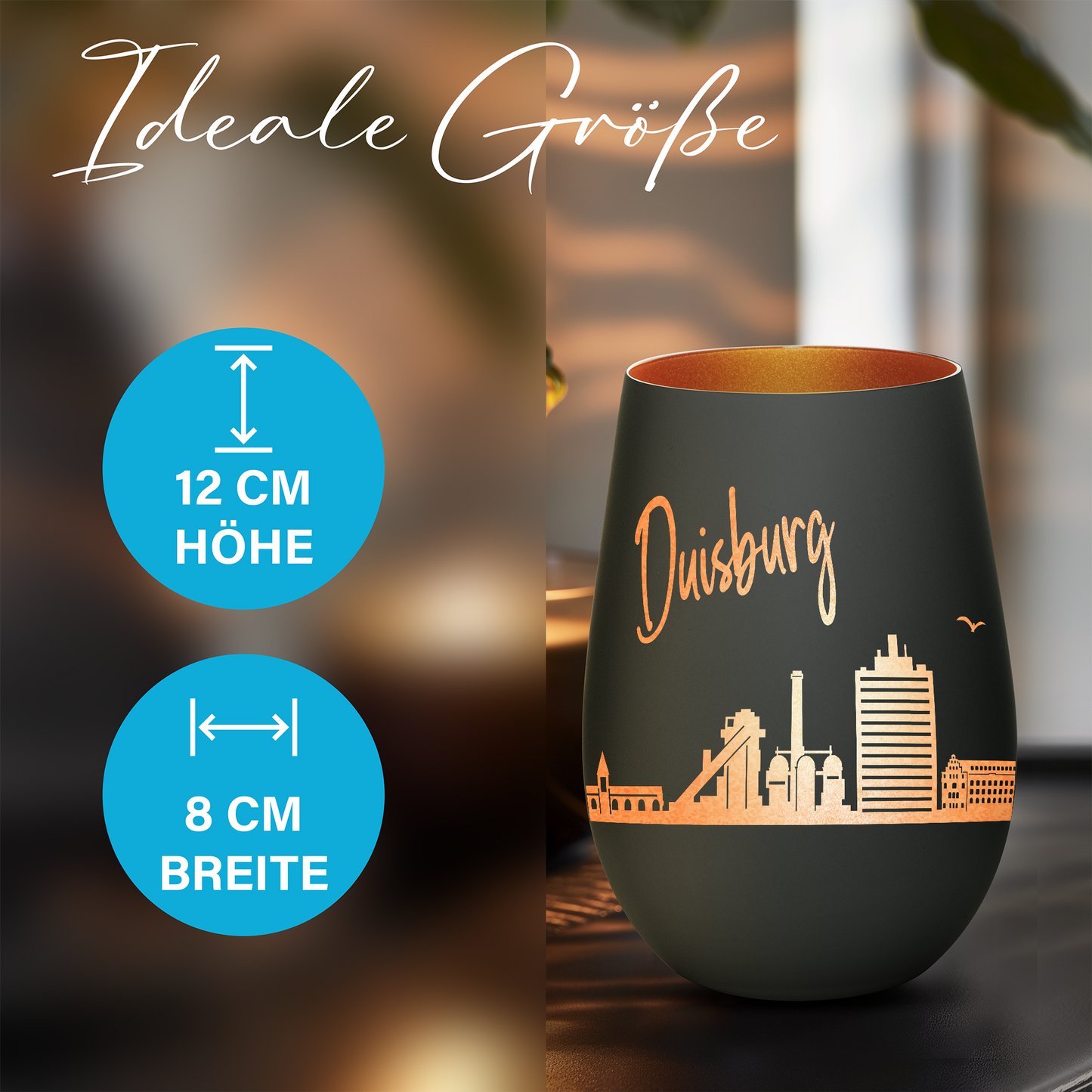Hochwertiges Glas Windlicht mit Gravur "SKYLINE DUISBURG" in der Farbe Schwarz/Bronze
