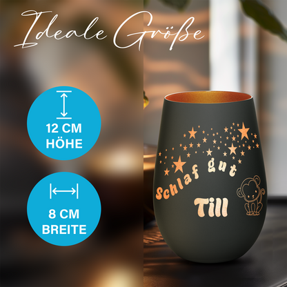 Hochwertiges Glas Windlicht für Kinder mit Gravur "SCHLAF GUT" Motiv Affe mit Wunschname in der Farbe Schwarz/Bronze