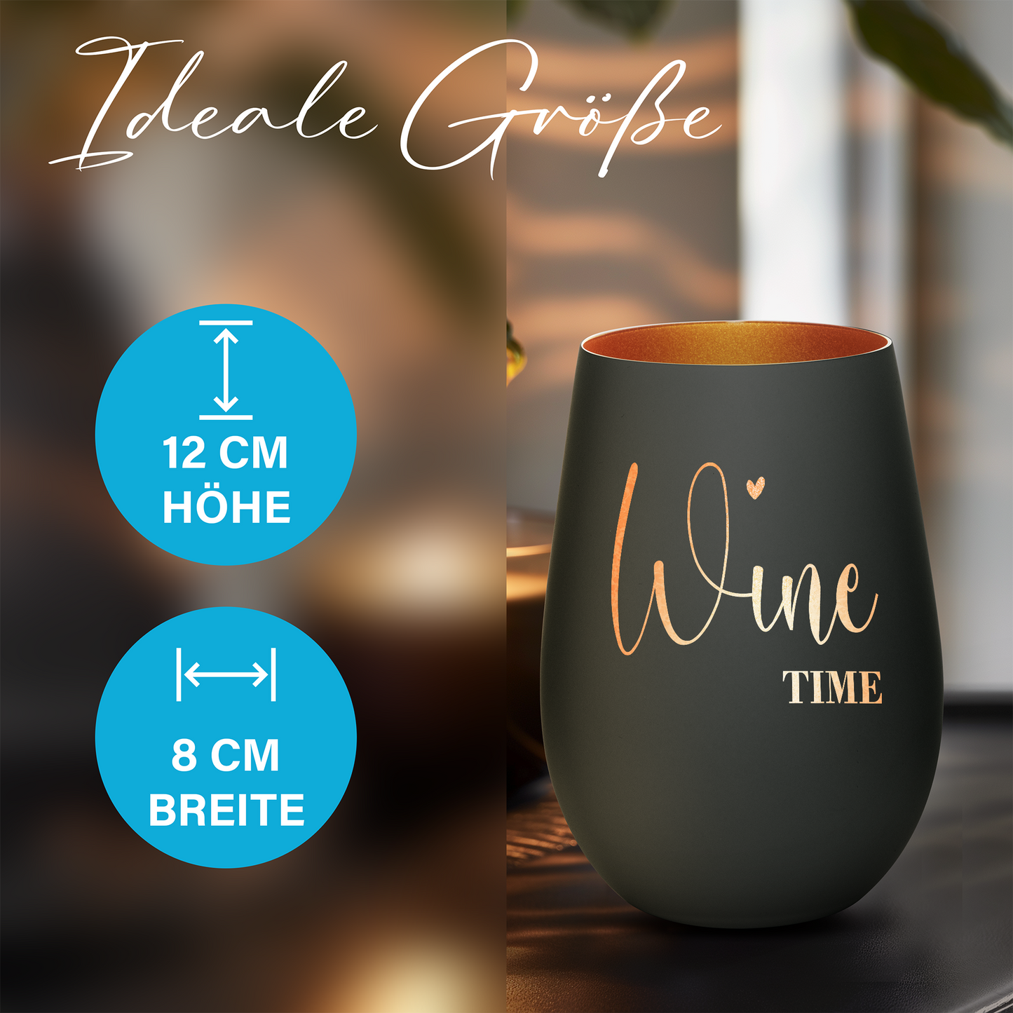 Hochwertiges Glas Windlicht mit Gravur "WINE TIME" in der Farbe Schwarz/Bronze