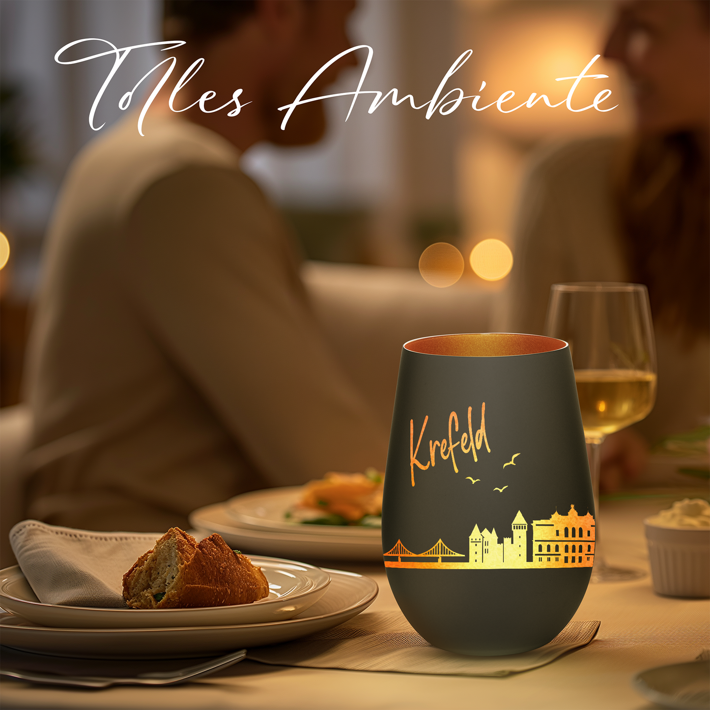 Hochwertiges Glas Windlicht mit Gravur "SKYLINE KREFELD" in der Farbe Schwarz/Bronze