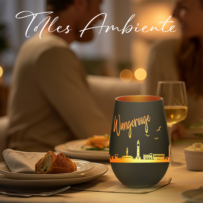 Hochwertiges Glas Windlicht mit Gravur "SKYLINE WANGEROOGE" in der Farbe Schwarz/Bronze