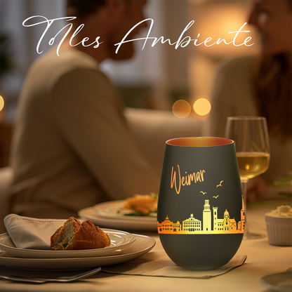 Hochwertiges Glas Windlicht mit Gravur "SKYLINE WEIMAR" in der Farbe Schwarz/Bronze