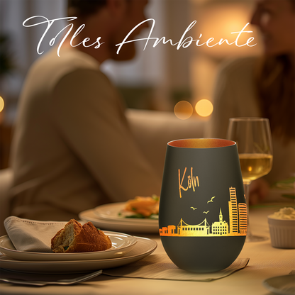 Hochwertiges Glas Windlicht mit Gravur "SKYLINE KÖLN" in der Farbe Schwarz/Bronze